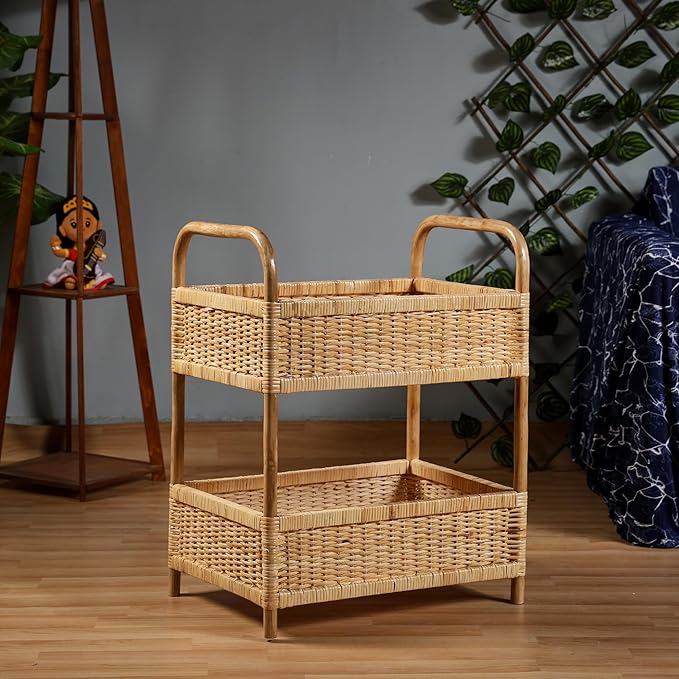 Rattan Cane Storage Rack with 2 Tier Shelving and Baskets | Woven Basket Shelves for Home Organization | Wooden Storage Rack 40cm x 30cm x 70cm